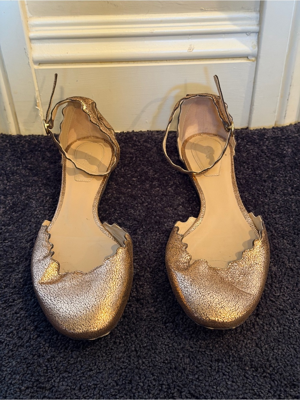 Chloé Lauren Scalloped Ankle Strap Flats Metallic Rose Gold EU 37